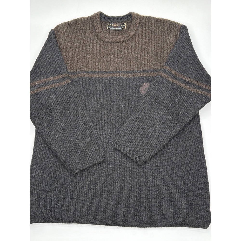 Fire and Ice Mens Vintage 100% Wool Sweater Made in Italy Grey Brown XL Ribbed‎